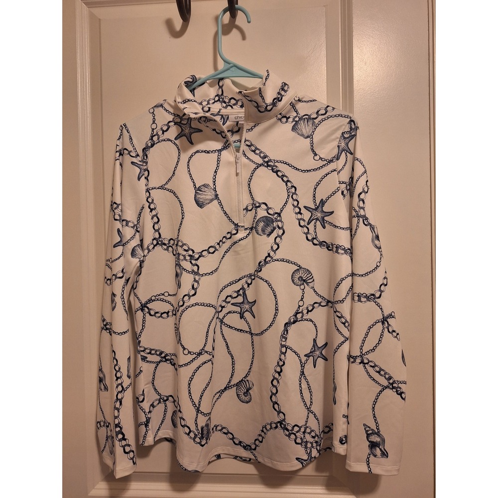Chicos Womens Size 1 US 8 Nautical Shell Golf UPF 50+ Quarter Zip Pullover Top